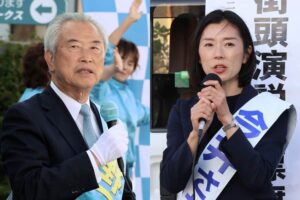 田上町長選に立候補した現職の佐野氏と新人の今井氏