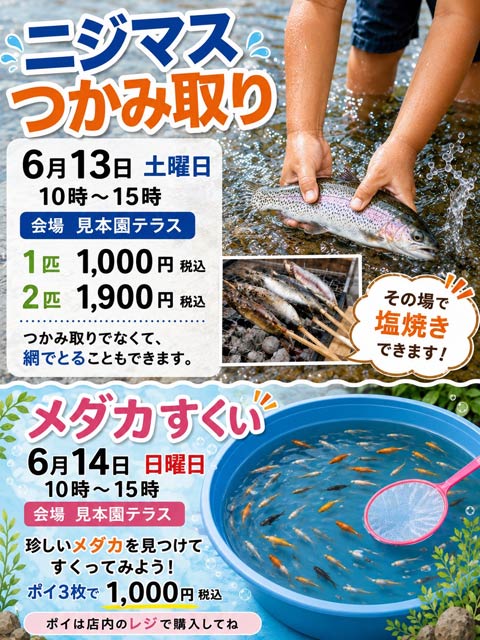 13日はニジマスつかみ取り、14日はメダカすくい
