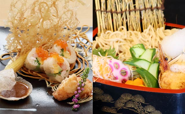 コラボメニューの寿司・割烹えびすの「南蛮えびすDEロール」と麺.spot土田の「県産南蛮海老つけ麺」