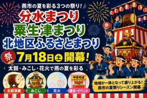 分水まつり、粟生津まつり、北地区ふるさとまつりが18日開幕　太鼓やみこし、花火で燕の夏を彩る
