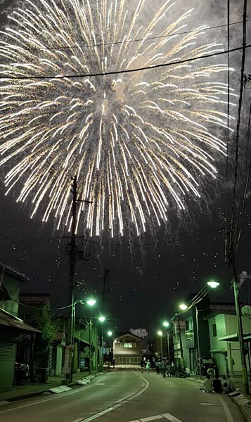 大通りの向こうに大輪の花火が咲く