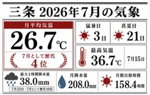 三条の7月平均気温26.7度で観測史上4番目の高さ　猛暑日3日、降水量208ミリ　梅雨明けせずに8月に