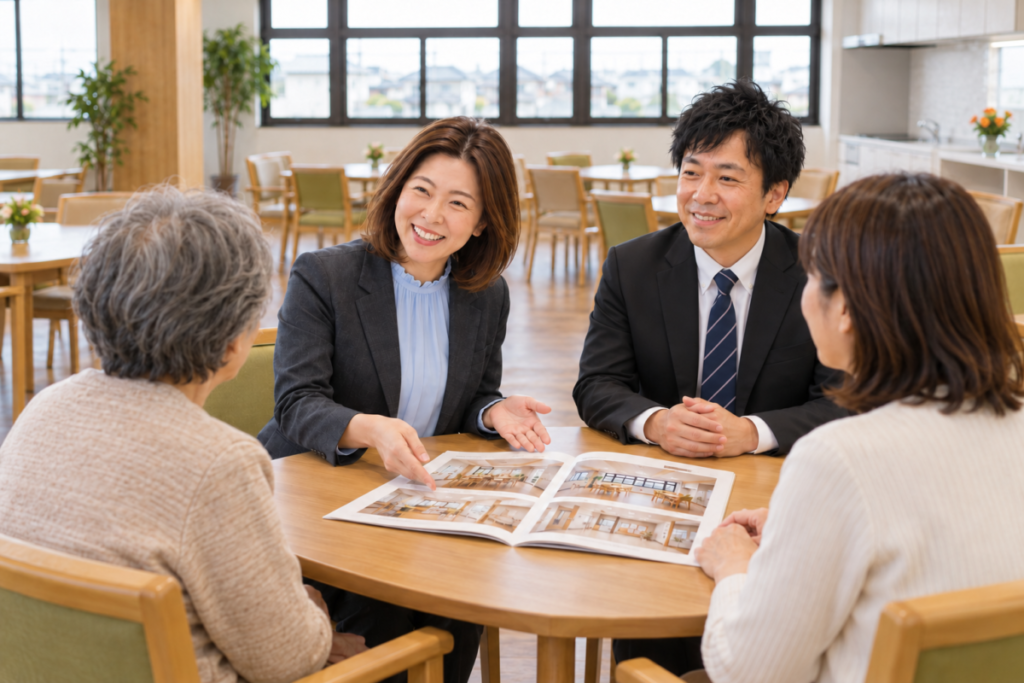 費用・介護体制・入居条件を相談できる施設見学会(相談風景のイメージ)